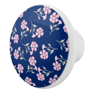 Charming Pink Floral Pattern on Navy Blue Ceramic Knob