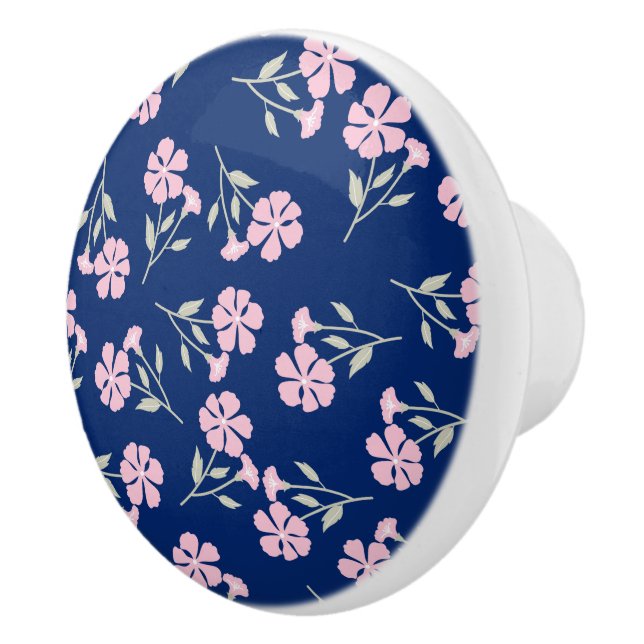 Charming Pink Floral Pattern on Navy Blue Ceramic Knob (Right)