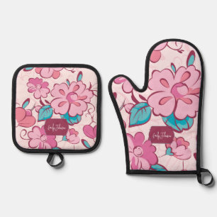 Charming Pink Flower Kitchen Custom Name Oven Mitt & Pot Holder Set