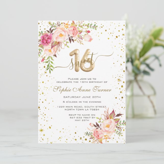 Charming Pink Flowers Gold Confetti Sweet 16 Invitation (Standing Front)