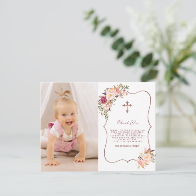 Charming Pink Flowers Gold Photo Girl Baptism Thank You Card (Standing Front)