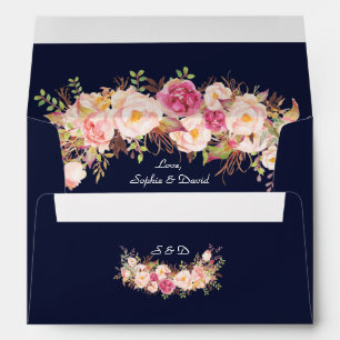 Charming Pink Flowers Navy Blue Wedding Envelope