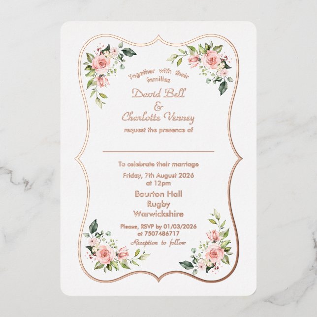 Charming Pink Flowers Rose Gold Frame Wedding (Front)