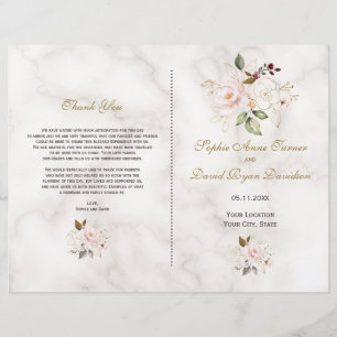 Charming Pink Gold Flowers Marble Wedding Program