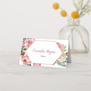 Charming Pink Hexagon Floral Guest Name Seating Place Card