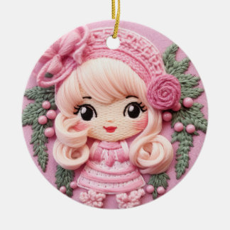 Charming Pink Holiday Elf Ceramic Tree Decoration