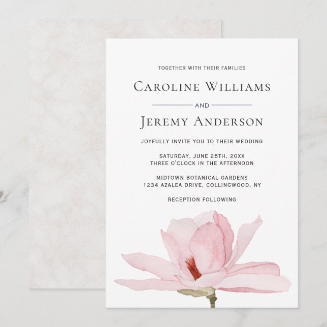 Charming Pink Magnolia Wedding Invitation (Front/Back)