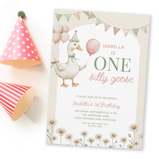 Charming Pink One Silly Goose 1st Birthday Party Invitation (Creator Uploaded)