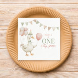 Charming Pink One Silly Goose 1st Birthday Party Napkin<br><div class="desc">These adorable "Silly Goose" 1st birthday paper napkins are a perfect personalised addition to your child's party decor. The design showcases a charming watercolor illustration of a playful goose,  paired with a delightful balloon bouquet in soft pink and green hues.</div>