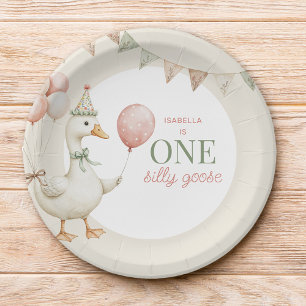 Charming Pink One Silly Goose 1st Birthday Party Paper Plate