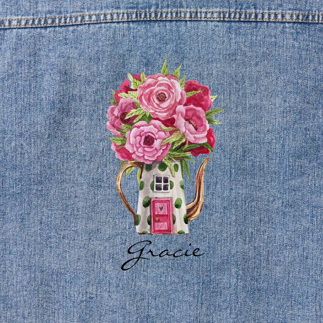 Charming Pink Roses Fairytale Teapot Cottage Denim Jacket (Creator Uploaded)