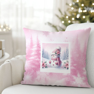 Charming Pink Snowman Winter Scene Kids Gift Pillo Cushion
