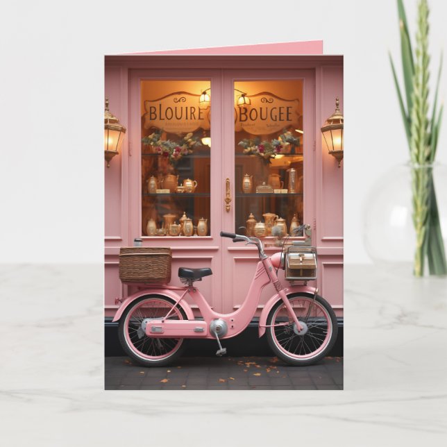 Charming Pink Storefront with Vintage Moped Invitation (Front)
