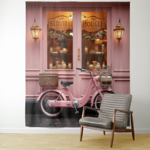 Charming Pink Storefront with Vintage Moped Tapestry