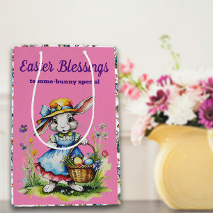Charming Pink Vintage Girl Easter Bunny  Medium Gift Bag