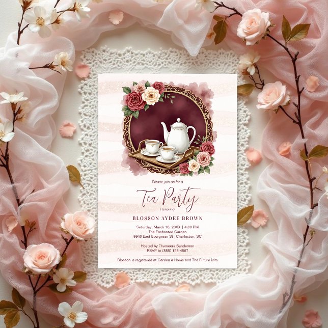 Charming Pink Vintage Tea Set Bridal Shower Invitation (Charming Sophisticated Pink Vintage Tea Set Bridal Shower Invitations Cards Design. )