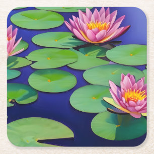 Charming Pink Water Lilies Square Paper Coaster