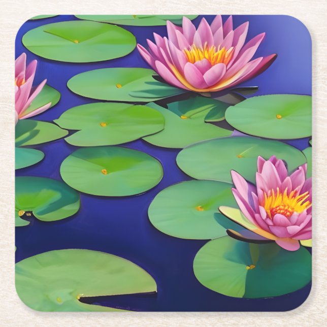 Charming Pink Water Lilies Square Paper Coaster (Front)