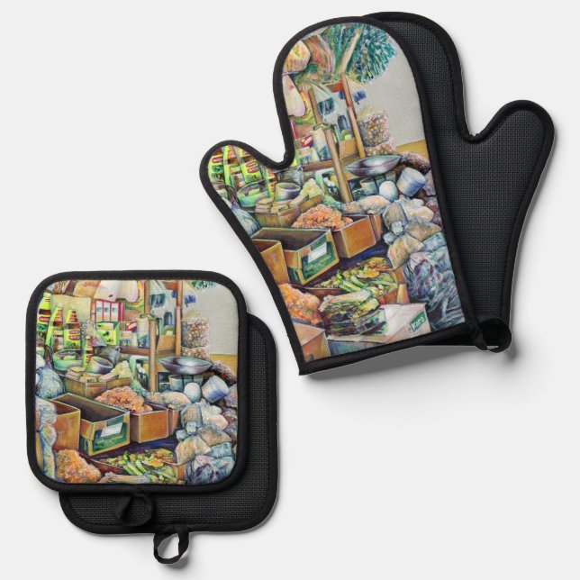 Charming Promises of a Fine Tekka Centre, Singapor Oven Mitt & Pot Holder Set (Front/Back)