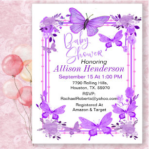 Charming Purple And Lavender Butterfly Baby Shower Invitation