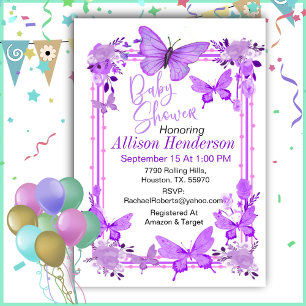 Charming Purple And Lavender Butterfly Baby Shower Invitation