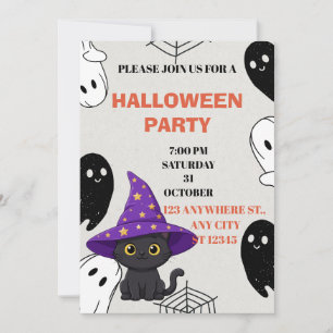 Charming Purple Hat Cat Halloween Invitation