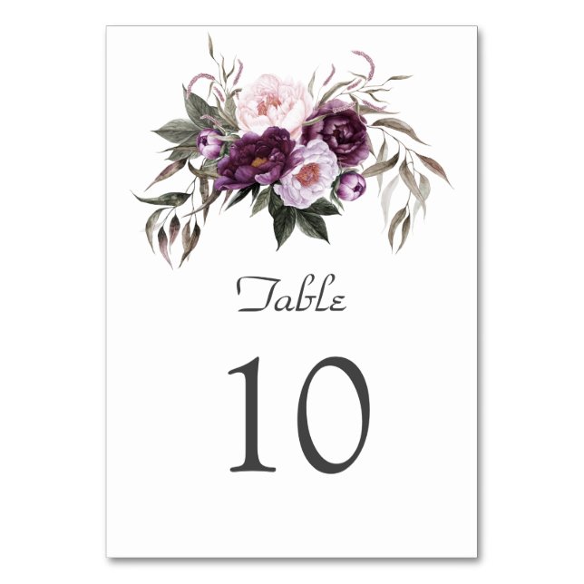 Charming Purple Pink Peony Flowers Wedding  Table Number (Front)