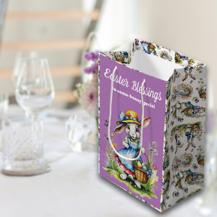 Charming Purple Vintage Girl Easter Bunny  Medium Gift Bag