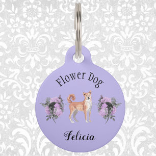Charming Purple Wedding Flower Dog Shibu Inu Pet Tag
