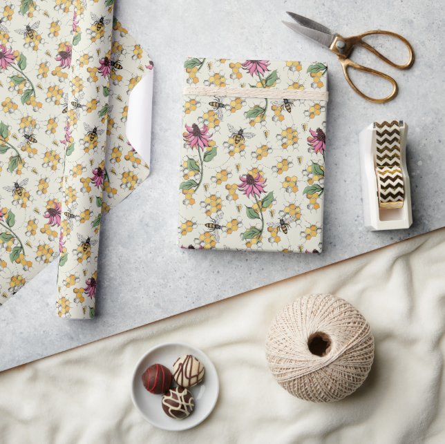 Charming Queen Bee, Honeycomb & Exotic Flowers  Wrapping Paper (Crafts)