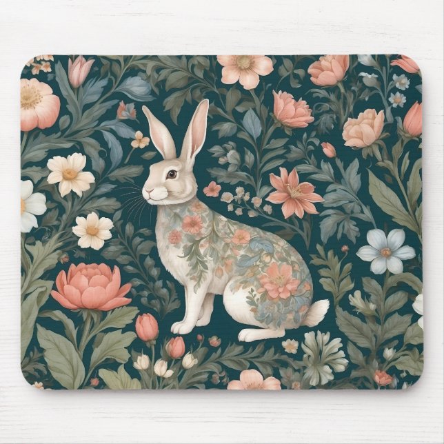 Charming Rabbit William Morris Inspired Floral Mouse Mat (Front)