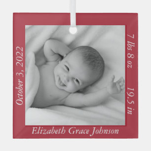 Charming Red Baby’s First Photo, Name, & Stats Glass Tree Decoration