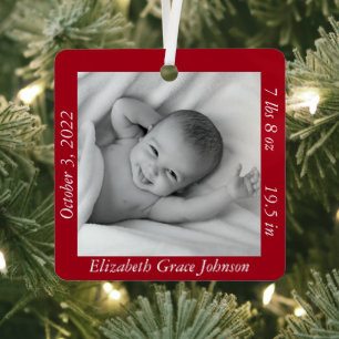 Charming Red Baby’s First Photo, Name, & Stats Metal Tree Decoration