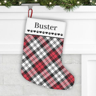 Charming Red Black and White Plaid Pet Name Small Christmas Stocking