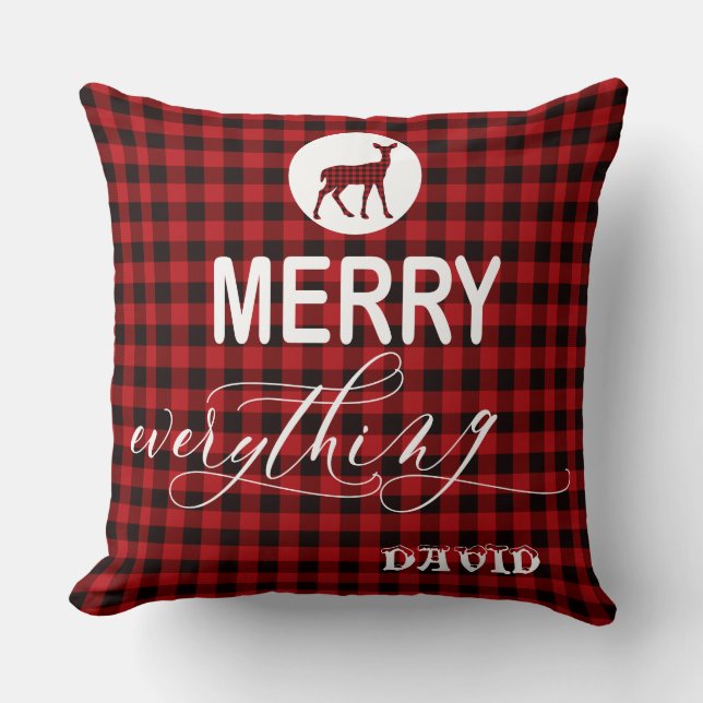 Charming Red Buffalo Holiday MERRY Everything Cushion (Front)