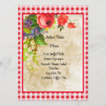 Charming Red Gingham and Flowers Menu Card