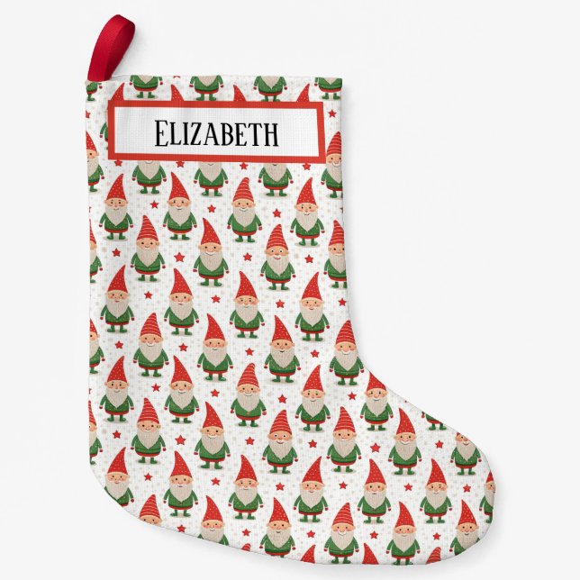 Charming Red Hat Green Gnome Holiday Stocking (Front)