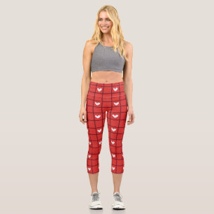 Charming Red Plaid and White Hearts Romantic Style Capri Leggings
