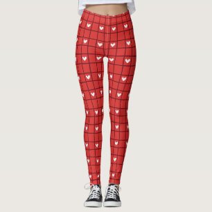Charming Red Plaid and White Hearts Romantic Style Leggings