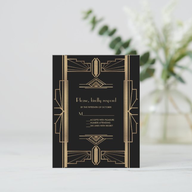 Charming Roaring 20's Gold Black Art Deco Wedding  RSVP Card (Standing Front)