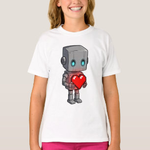 Charming Robot Holding Pixel Heart Kids T-Shirt