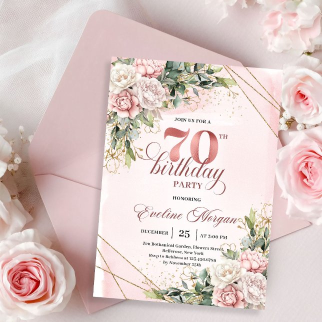 Charming Rose Gold Eucalyptus Greenery 70 Birthday Invitation (Charming Rose Gold Eucalyptus Greenery 70th Birthday Invitation)