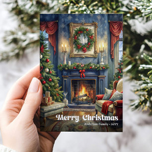 Charming rustic Christmas interior in watercolor  Holiday Card