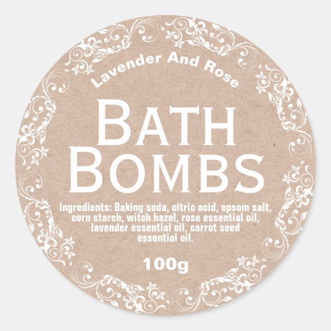 Charming Rustic Kraft & Lace Bath Bomb Soak Labels (Front)