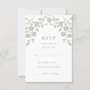 Charming Sage Green Folk Flowers Simple Floral RSVP Card