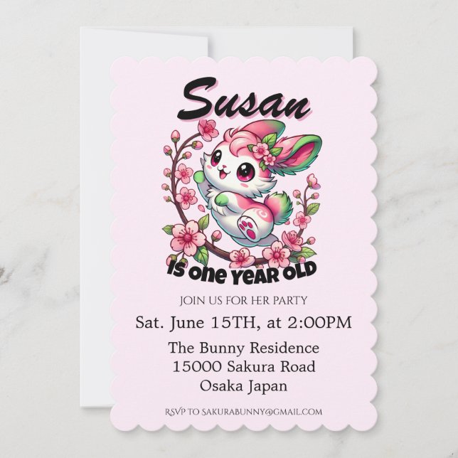 Charming Sakura Bunny Birthday Invitation (Front)