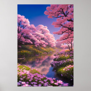 Charming Sakura Trees by the Silent River Poster