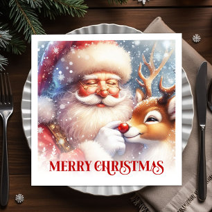 Charming Santa and Rudolph Christmas Party Dinner Napkin