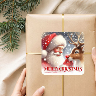 Charming Santa Claus Rudolph Personalized Kids Square Sticker