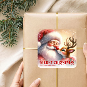 Charming Santa Rudolph Personalized Christmas Kids Square Sticker